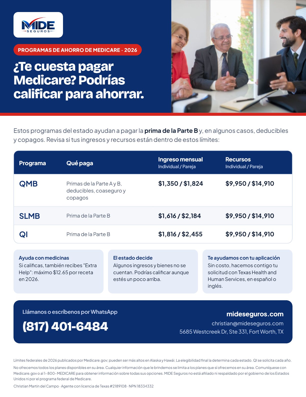 MIDE Seguros flyer about the 2026 Medicare Savings Programs, with the income and resource limits table and the phone number (817) 401-6484